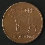 monedas de Europa - Noruega -  ALCE - OLAV V.R NORUEGA 1964 (FRONTAL)