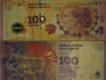 monedas de America - Argentina -  Nuevo billete 100 pesos argentinos Eva Perón fuera de circulación por errores de diseño- Baja numera